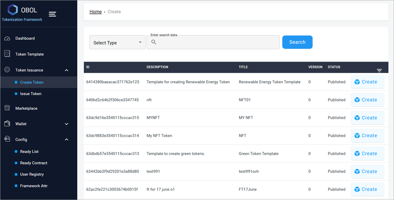 List of available token templates for token creator/issuer